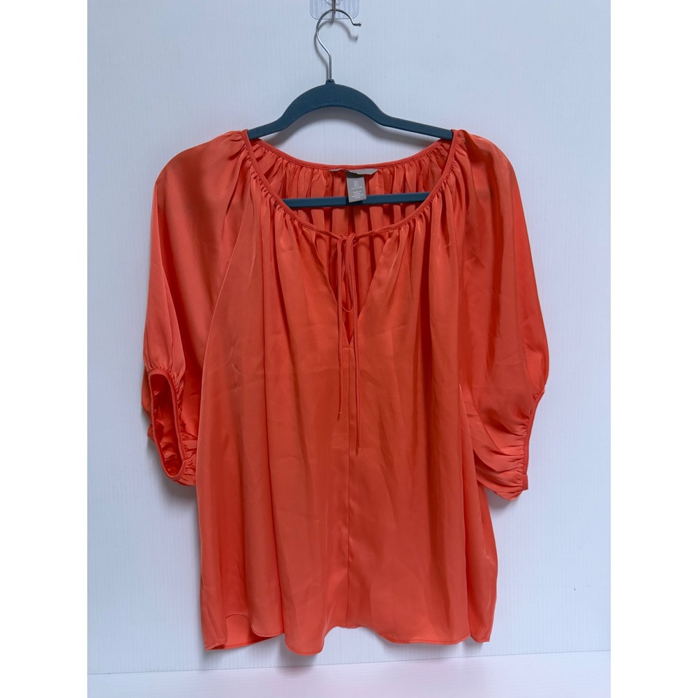 HM Coral Orange Tie Neck Keyhole Blouse Ruffle Sleeve Top Size L